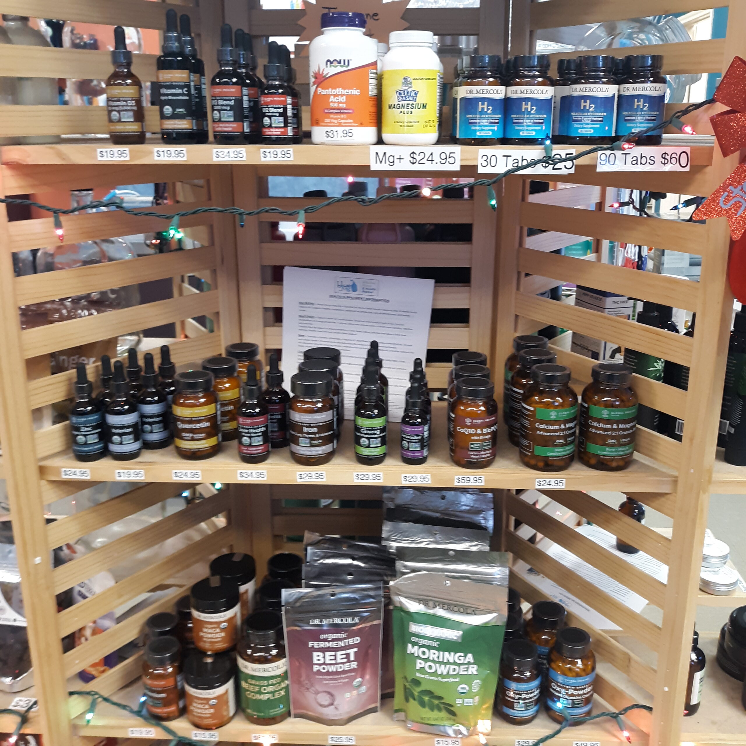 Nutritional supplements neatly arranged on a rack, offering a convenient and organized way to access essential vitamins and minerals